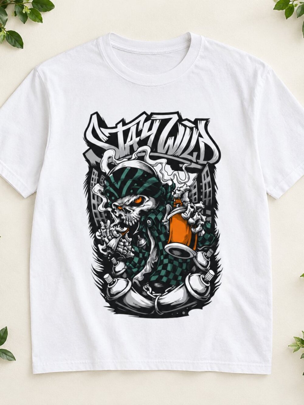 Stay Wild Graffiti Skull T-Shirt White Street Art Spray Paint Graphic Tee Unisex